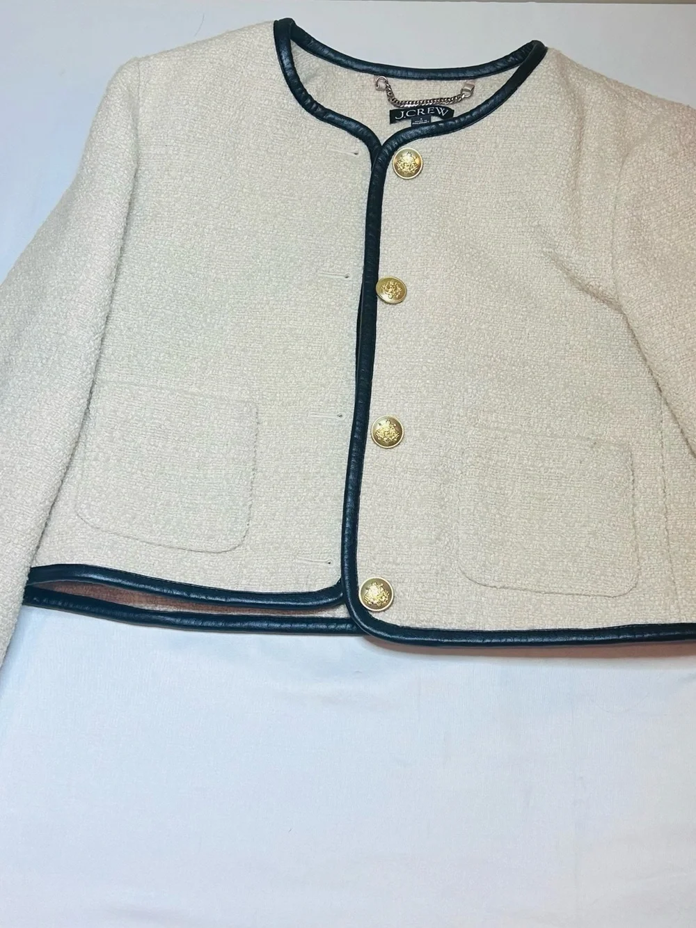 J. Crew Cream Bouclé Jacket with Black Trim and Gold Buttons